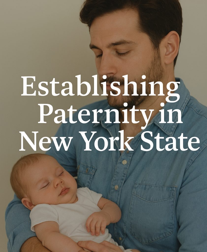 A caring father in a blue shirt gently holds his sleeping newborn baby, symbolizing the bond created through legal paternity in New York State.