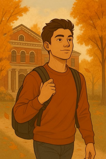 Smiling young man with backpack walks on a leaf-strewn path in autumn. Background shows a red brick building and orange-leaved trees.