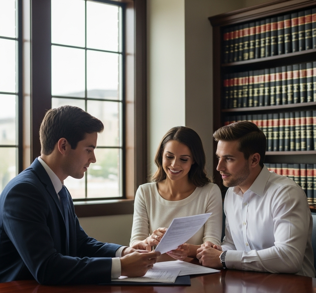 Syracuse prenup attorney in a dark suit sits at a polished wooden table, facing a smiling couple. He holds a document, pointing to something on it, while the woman in a cream-colored top looks at the document and the man in a white shirt looks at the document with a slight smile. Behind them, a large window shows an out-of-focus exterior, and to the right, a tall bookshelf is filled with legal tomes.