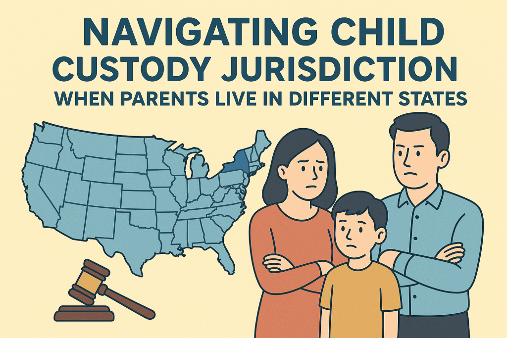 A worried family stands near a U.S. map and gavel. Text: ''Navigating Child Custody Jurisdiction When Parents Live in Different States.''