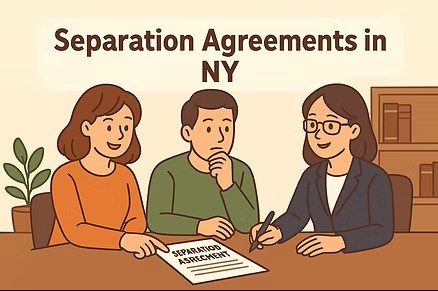 Three people discuss a ''Separation Agreemment'' document in an office. The setting has a potted plant, bookshelves, and beige walls.