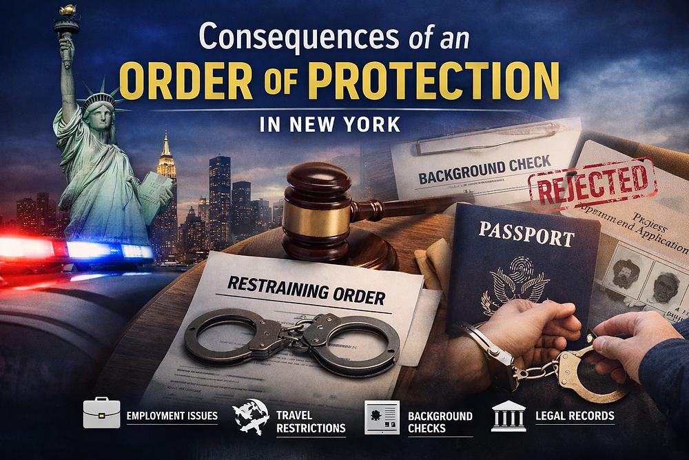 Statue of Liberty, handcuffs on a restraining order, gavel, rejected passport, NY cityscape. Text: "Consequences of an Order of Protection."