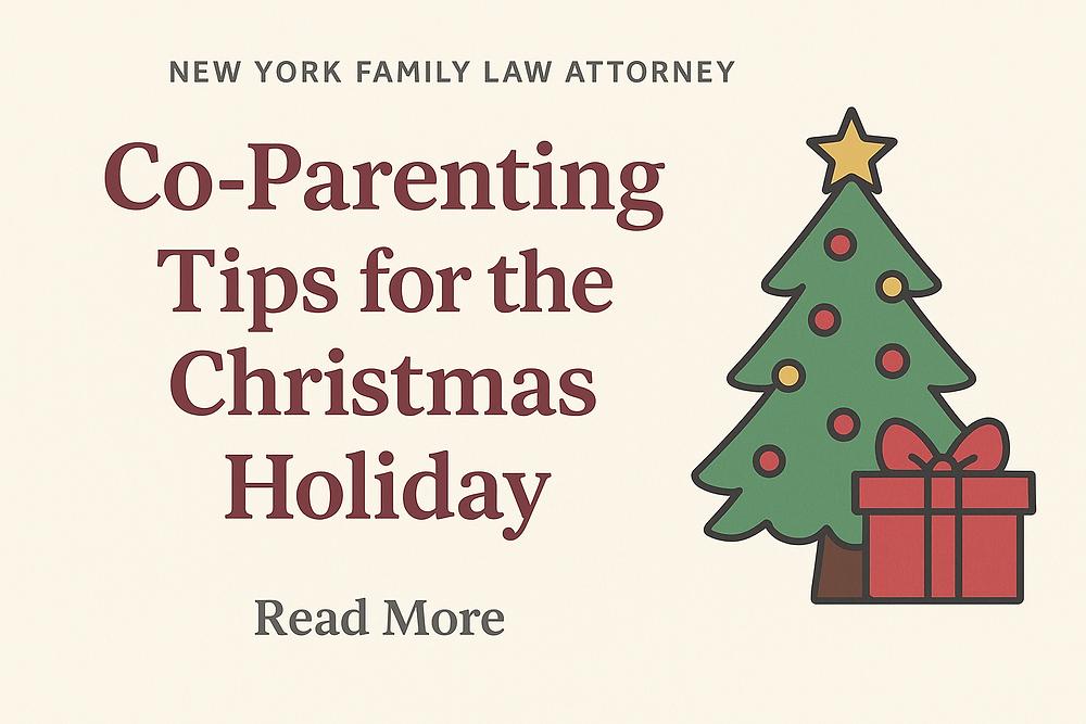 Christmas-themed image with text: "Co-Parenting Tips for the Christmas Holiday." Includes a decorated tree and gift. Mood is informative and festive.