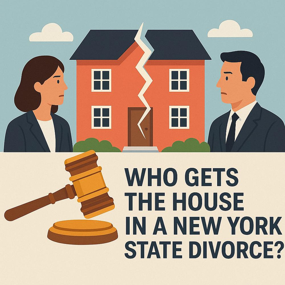 A man and woman face each other with a split house in the background. A gavel and the text "Who gets the house in a New York State divorce?" are visible.