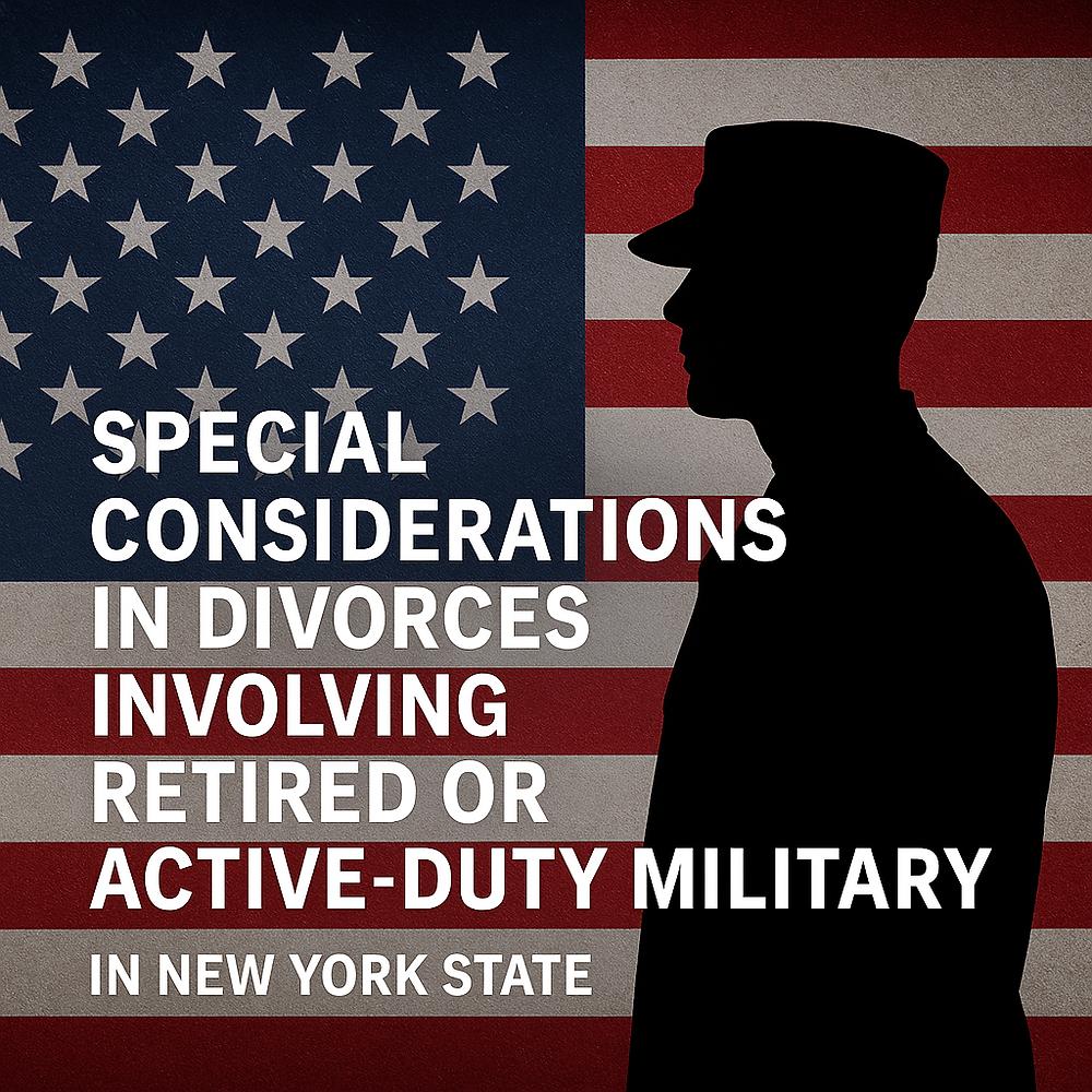 Silhouette of a soldier against a U.S. flag background with text on military divorces in New York State. Patriotic theme.