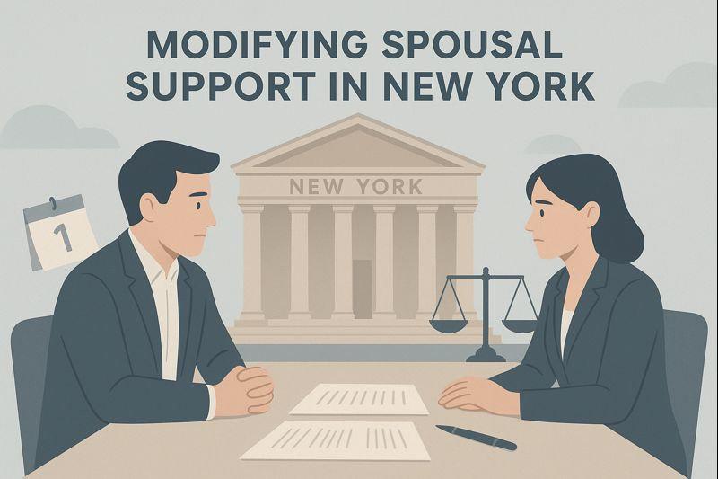 Two people in suits discuss documents at a table. Courthouse labeled New York in background. Text: "Modifying Spousal Support in New York."