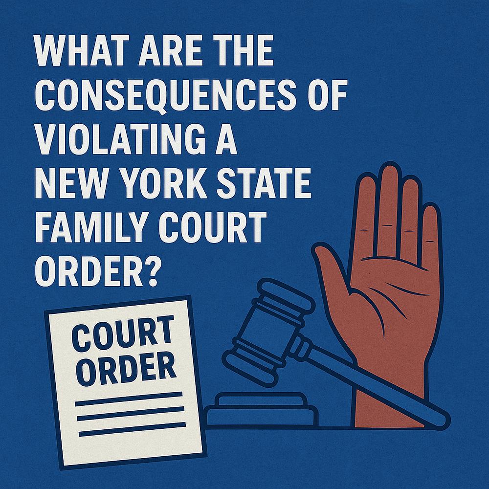 Text asks about consequences of violating a NY State Family Court order. Shows a raised hand, gavel, and document. Blue background.