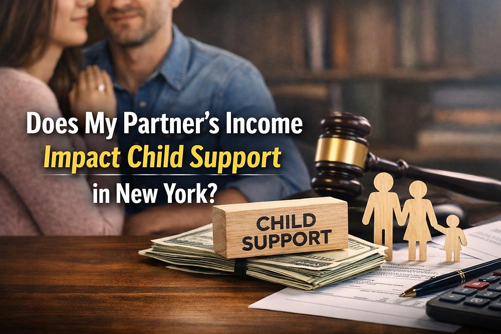 Couple in background, "Does My Partner’s Income Impact Child Support in New York?" text. Gavel, cash, papers, and child support block in foreground.
