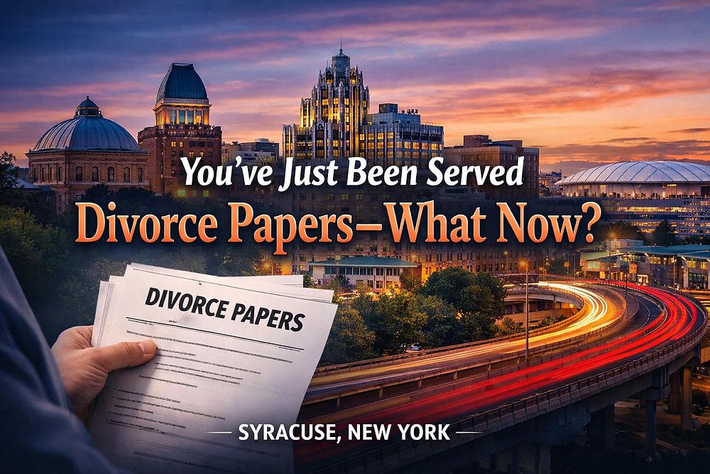 A hand holds divorce papers against a sunset cityscape in Syracuse, NY. Text reads: "You've Just Been Served Divorce Papers—What Now?"