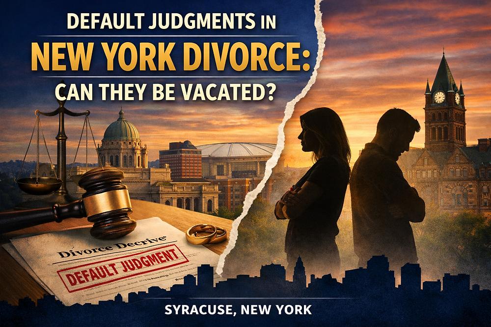 Scales, gavel, and divorce documents with "DEFAULT JUDGMENT" in red. Silhouetted couple against a sunset cityscape in Syracuse. Text: "New York Divorce."