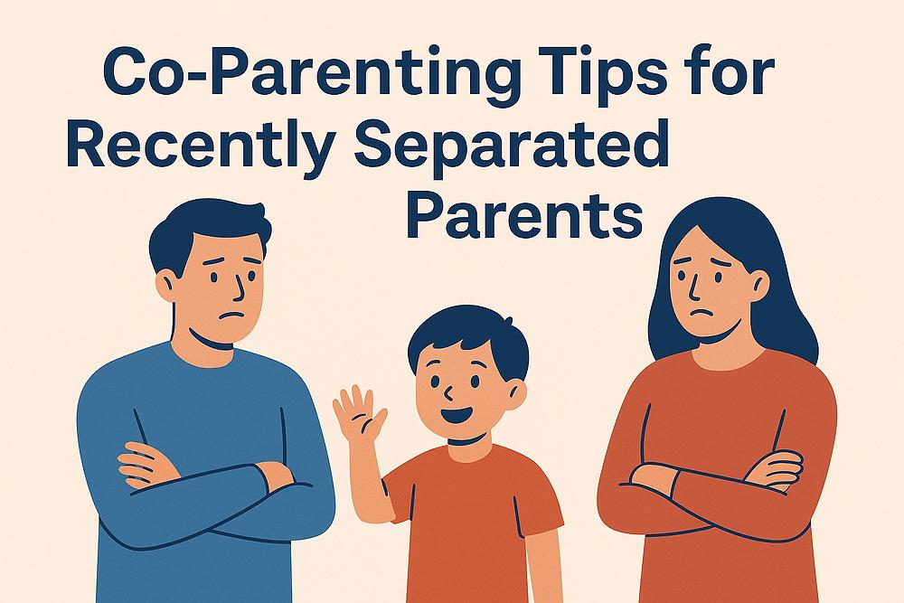 Man, woman, and child with neutral expressions. Text: "Co-Parenting Tips for Recently Separated Parents." Blue and orange tones.