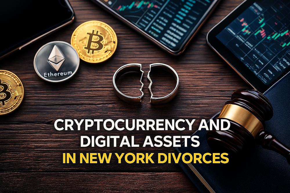 Cryptocurrency coins, a broken ring, and gavel on wood next to screens with charts. Text: "Cryptocurrency and Digital Assets in New York Divorces".