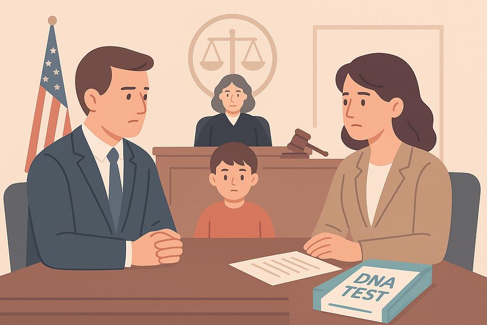Courtroom scene with a serious couple, child, and judge. DNA test booklet visible. American flag and scales of justice symbol in the background.