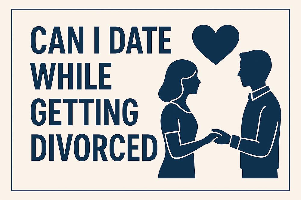 Silhouette of a couple holding hands with a heart above. Text reads "Can I Date While Getting Divorced." Beige background.