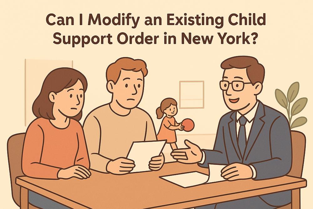 Couple sits with a lawyer discussing documents at a table. Child plays in the background. Text: "Can I Modify an Existing Child Support Order in New York?"