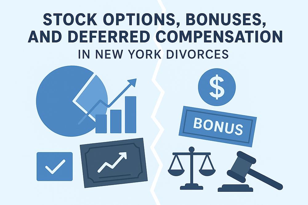 Chart and financial icons illustrate "Stock Options, Bonuses, and Deferred Compensation in New York Divorces." Blue theme, divided imagery.