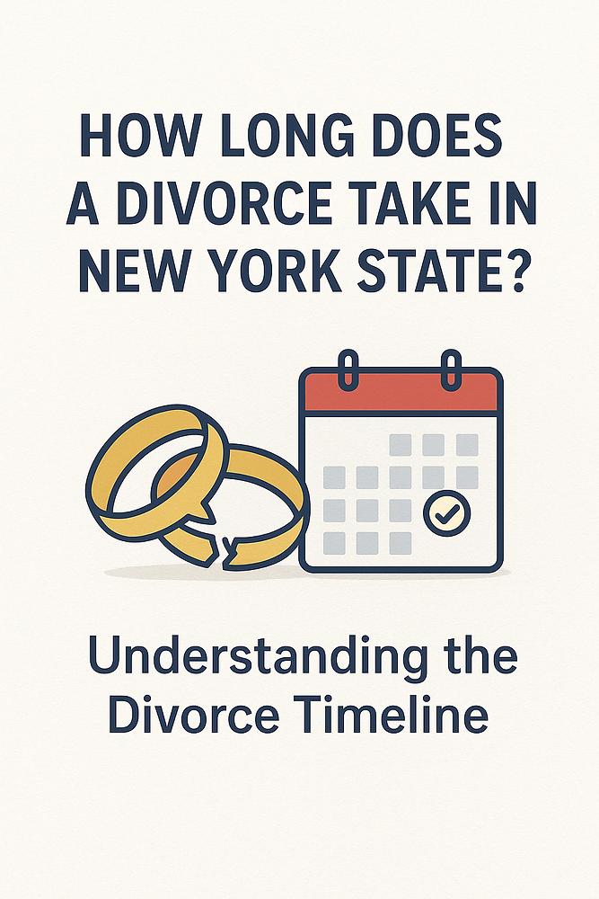 Text "How long does a divorce take in New York State?" above rings and calendar icon. "Understanding the Divorce Timeline" below. Neutral theme.