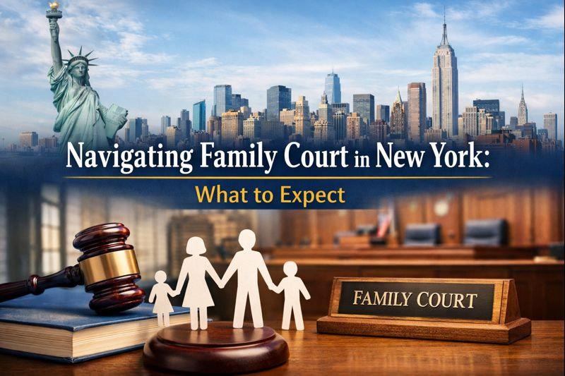 Family Court scene with a gavel and books, NY skyline and Statue of Liberty in background. Text: Navigating Family Court in New York: What to Expect.