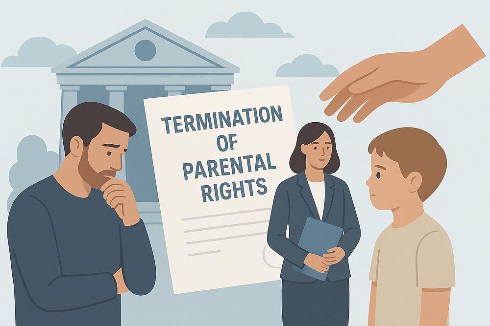 A worried man, a woman with a folder, and a child stand before a courthouse backdrop. A hand holds a "Termination of Parental Rights" document.