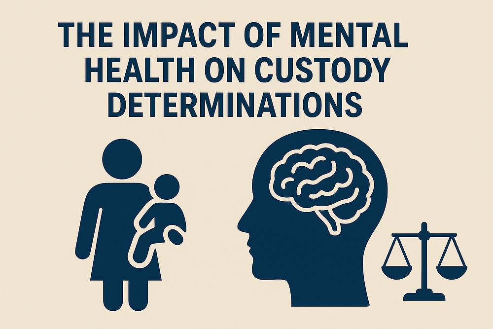 Silhouettes of a parent and child, a brain inside a head, and scales. Text: The Impact of Mental Health on Custody Determinations.
