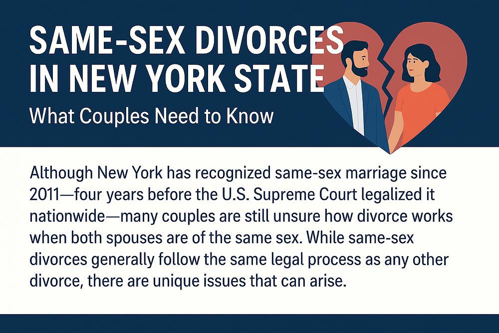 Same-sex divorces in NY text over a split heart with illustrations of two people. Info on marriage recognition and divorce processes.