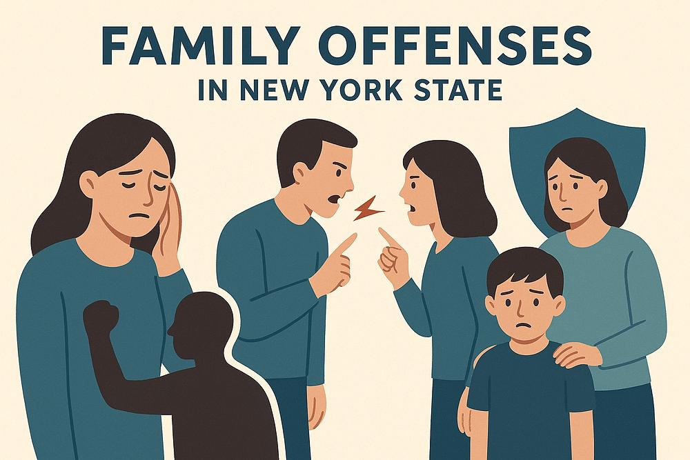 Adults arguing, child and woman sad. Text reads "FAMILY OFFENSES IN NEW YORK STATE." Blue clothing, background muted cream. Mood tense.