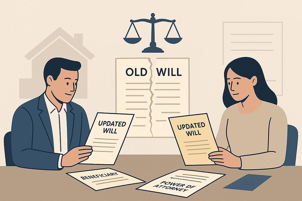 Two people review updated wills at a table. A torn "Old Will" and scales are in the background. Papers read "Beneficiary" and "Power of Attorney."