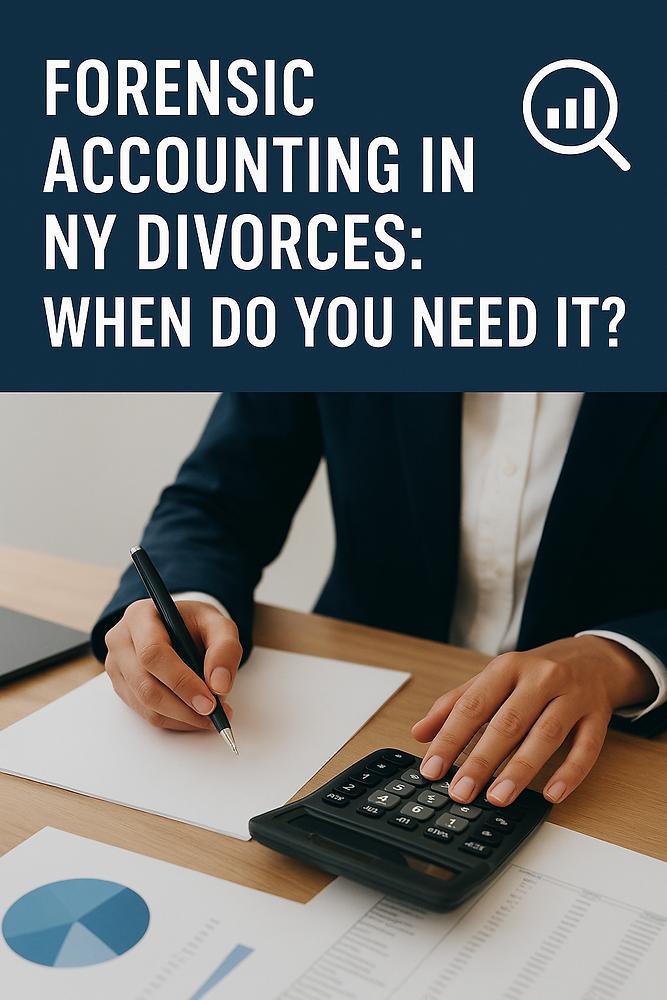 Person in a suit writes on paper with a calculator. Top text: "Forensic Accounting in NY Divorces: When Do You Need It?" Dark blue and white theme.