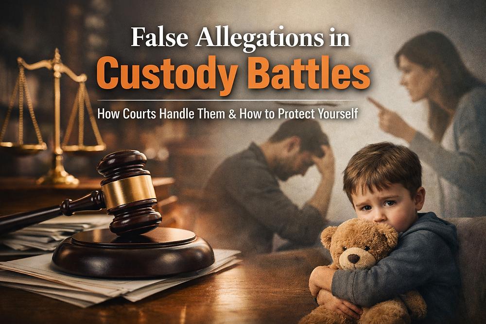 A boy hugs a teddy bear in a courtroom scene. Scales, gavel, and upset parents in background. Text: "False Allegations in Custody Battles."