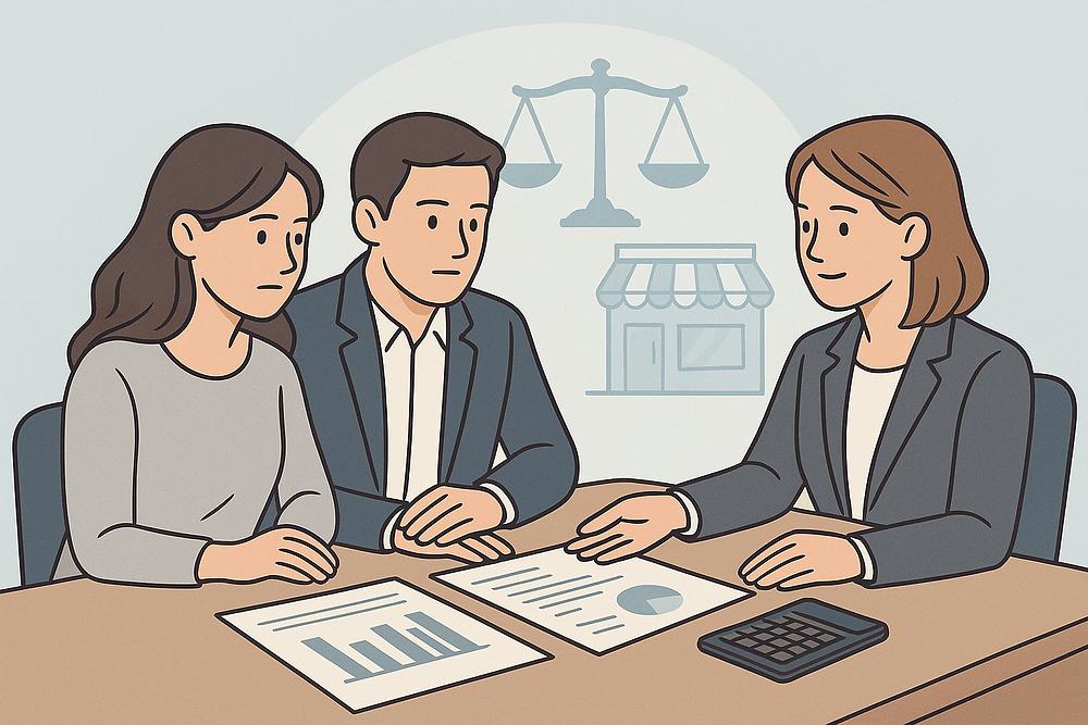 Three people in business attire discuss documents at a table, with a calculator nearby. Background shows scales of justice and a shop icon.