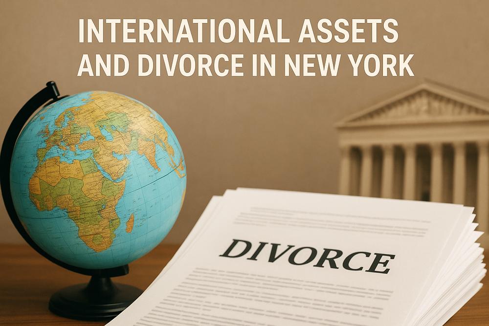 A globe and divorce documents on a desk, with text "International Assets and Divorce in New York" against a muted background.