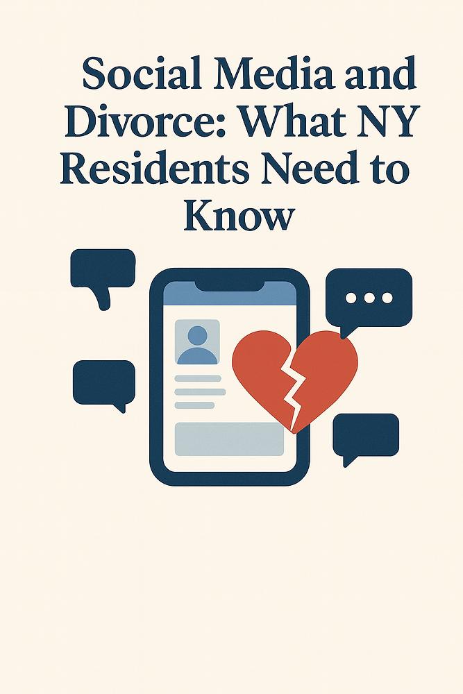 A phone with a broken heart icon and speech bubbles. Text: "Social Media and Divorce: What NY Residents Need to Know" on a beige background.