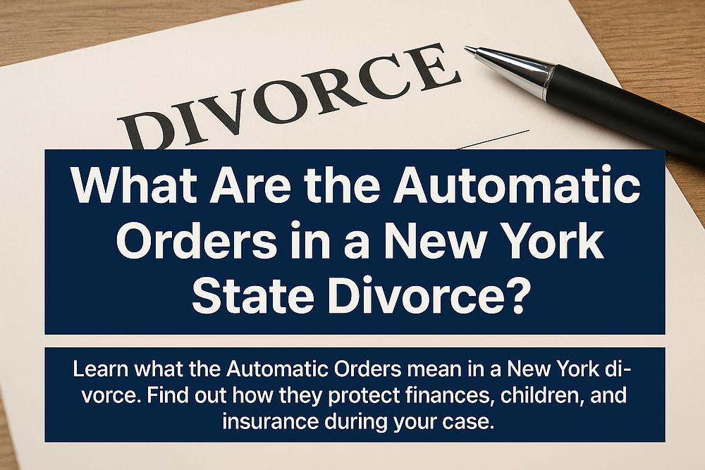 Divorce paper with a pen on wood. Text: "What Are the Automatic Orders in a New York State Divorce?" Info about financial, children protection.