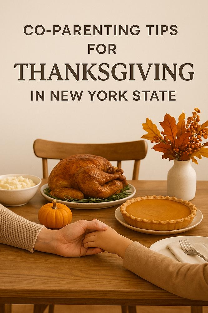 Thanksgiving table with turkey, pie, and vase of leaves. Two people hold hands. Text: Co-Parenting Tips for Thanksgiving in New York State.