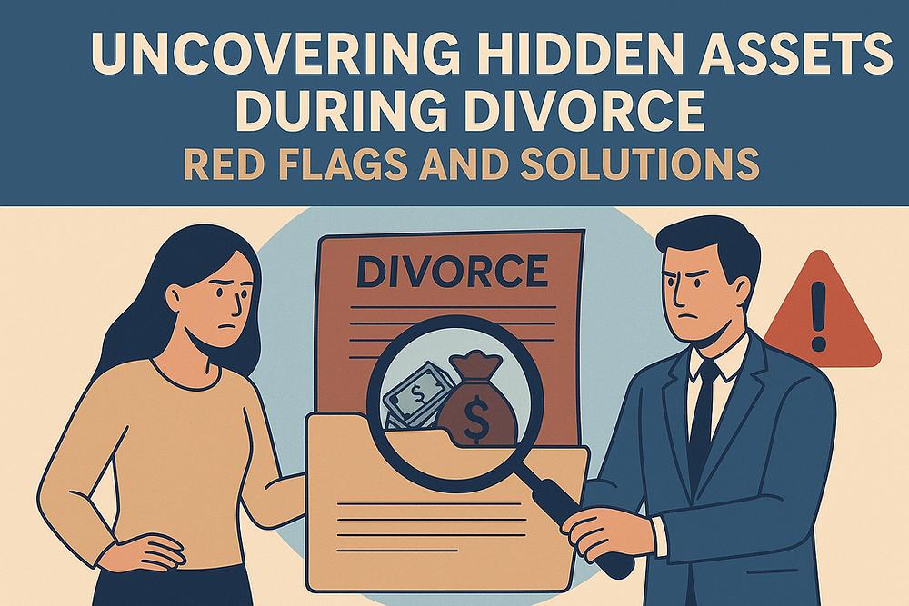 Man and woman argue over hidden assets in a divorce. Magnifying glass shows money. Text: "UNCOVERING HIDDEN ASSETS DURING DIVORCE."