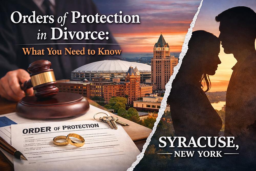 Gavel hitting table, order of protection document with rings, Syracuse skyline at sunset, and silhouetted couple. Text: Orders of Protection in Divorce.