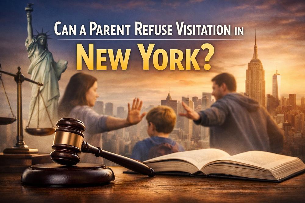 Scales of justice and gavel with NYC skyline. Parents with child gesture stop. Text: "Can a Parent Refuse Visitation in New York?"