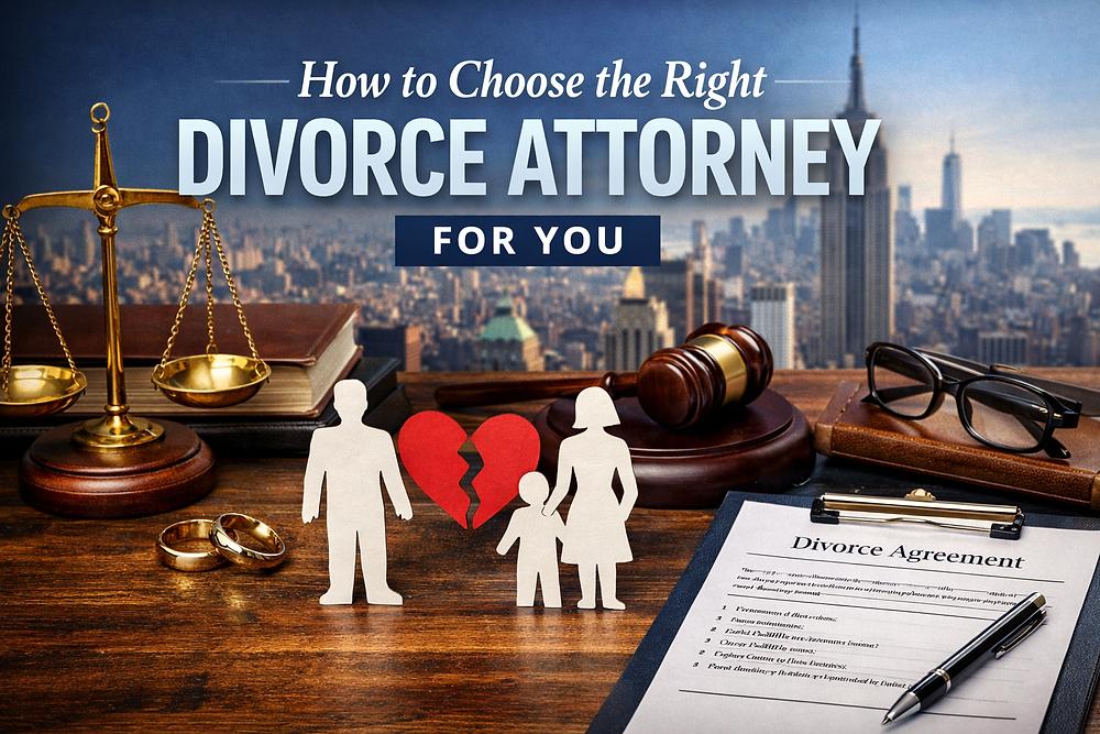 Scales, gavel, paper cutouts of a family and broken heart, glasses, and a "Divorce Agreement" on a desk. Skyline in background. Text: "How to Choose the Right Divorce Attorney for You."