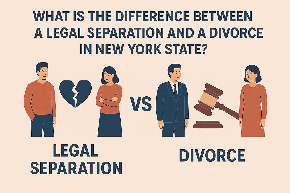 Two people on the left near a broken heart labeled "Legal Separation," versus two on the right with a gavel labeled "Divorce."