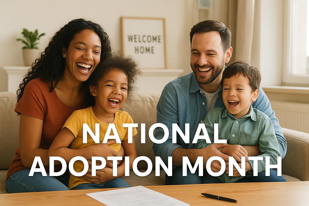 Happy family of four laughing on a couch, with "NATIONAL ADOPTION MONTH" text. A "Welcome Home" sign and potted plant in background.