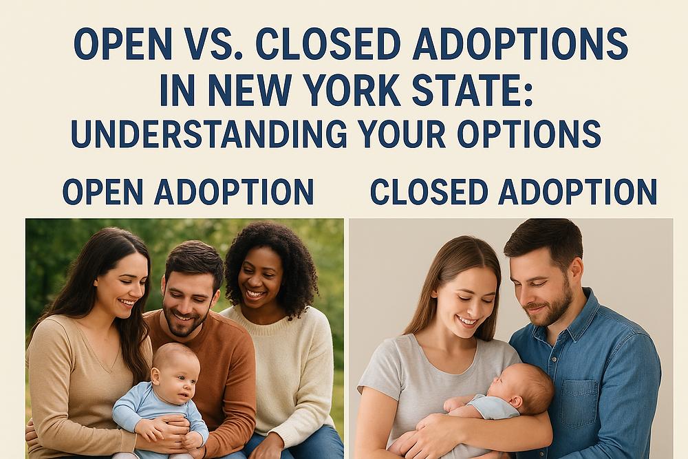 Families with babies smiling in two images representing open and closed adoptions. Text: "Open vs. Closed Adoptions in New York State."