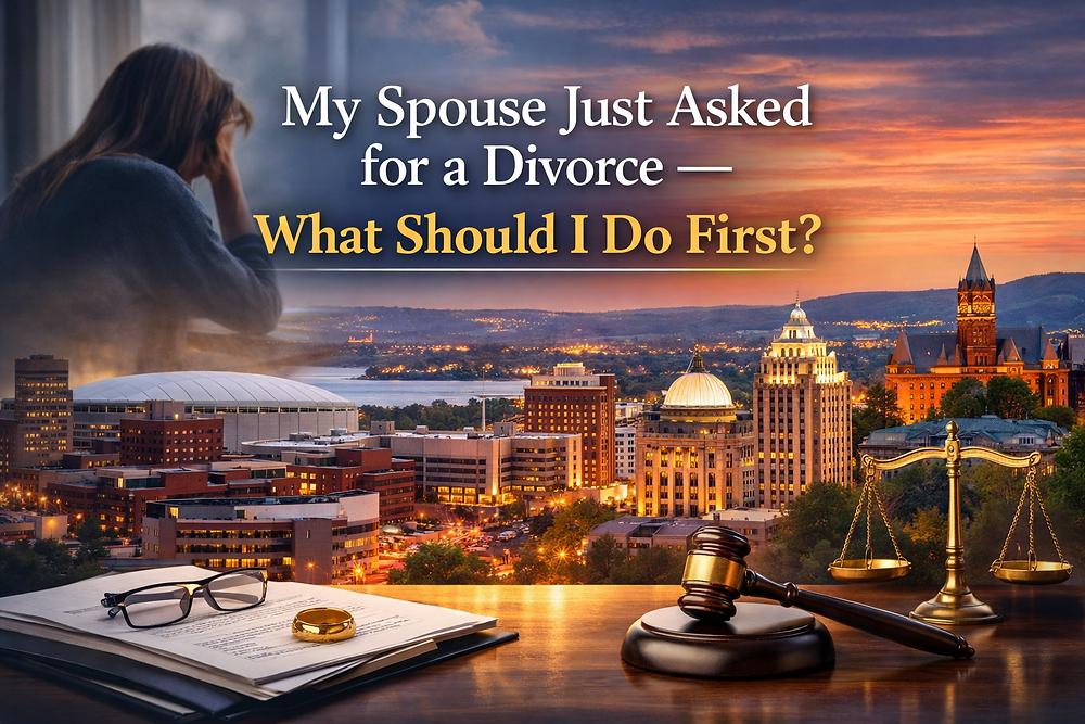 Woman in distress by window, cityscape at sunset, gavel and scales on desk. Text reads, "My Spouse Just Asked for a Divorce—What Should I Do First?"