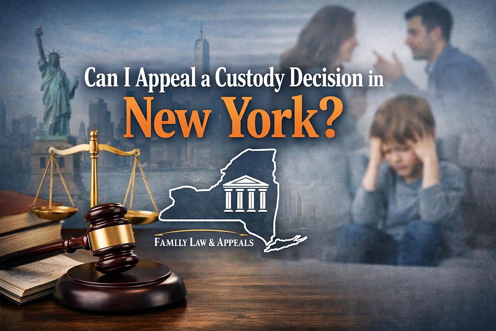 Scales, gavel, and NYC silhouette with text "Can I Appeal a Custody Decision in New York?" A child sits upset in the background with arguing parents.