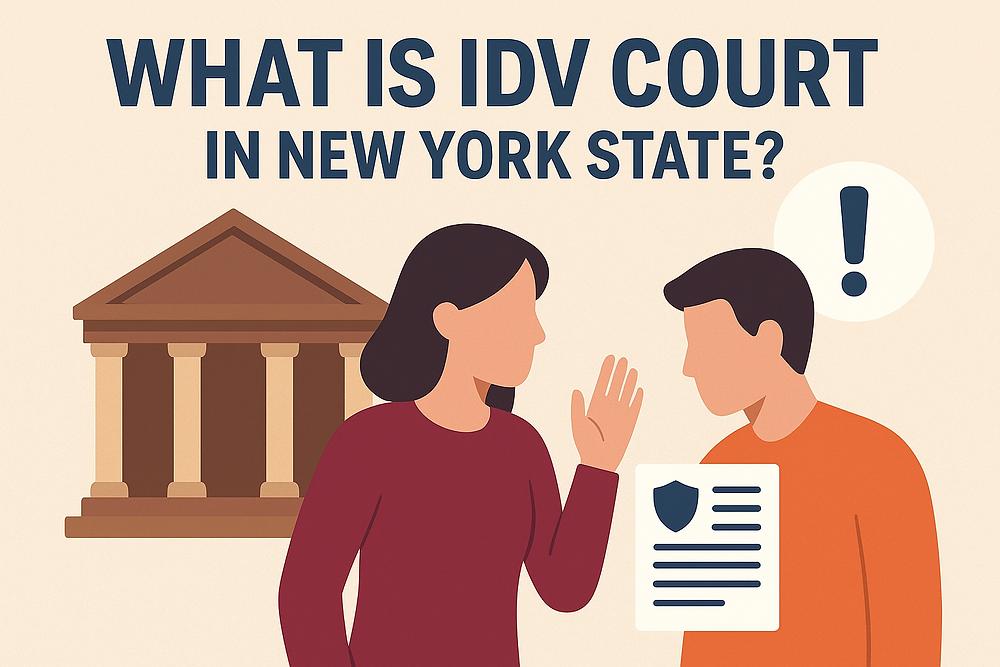 Two illustrated people discuss IDV Court in NY. A courthouse icon is in the background. Text above reads "What is IDV Court in New York State?"