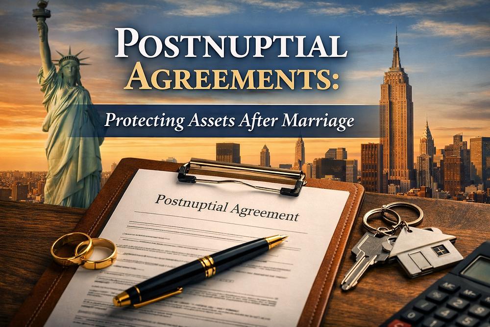 Clipboard with "Postnuptial Agreement," pen, rings, keys on desk. NYC skyline and Statue of Liberty at sunset. Text: "Protecting Assets After Marriage."