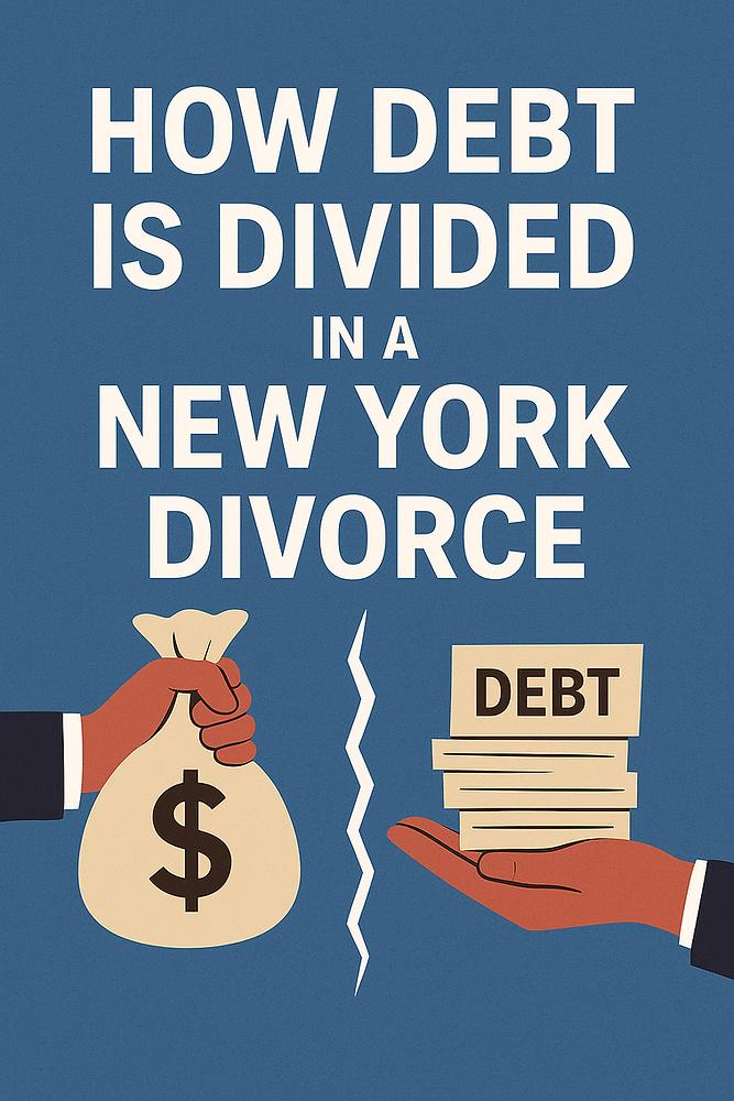 Hands hold a money bag and debt papers, divided by a jagged line. Text reads "How Debt Is Divided in a New York Divorce". Blue background.