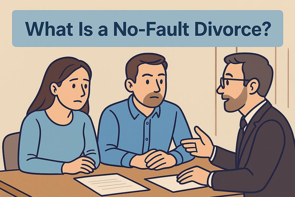 Man and woman listen to a man in a suit discussing. Papers on the table. Text reads "What Is a No-Fault Divorce?" Mood is serious.