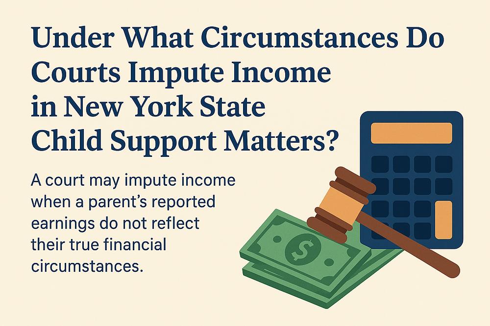 Text about imputing income in NY child support cases. Features a gavel, cash, and calculator icons on a beige background.