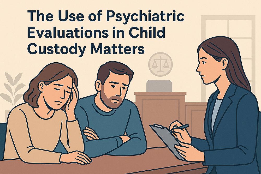 Three people in an office; two look worried, one takes notes. Background shows a scale symbol. Text: "The Use of Psychiatric Evaluations in Child Custody Matters."