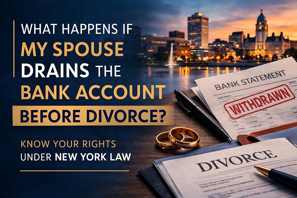 Text about financial concerns during divorce over city skyline. Bank statement marked "WITHDRAWN," divorce papers, and rings visible.